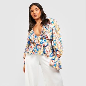 PLUS WRAP FRILL FRONT FLORAL BLOUSE New with Tags